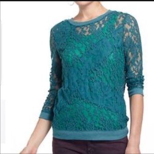 E by Eloise Teal Green Sheer Floral Lace CrewNeck